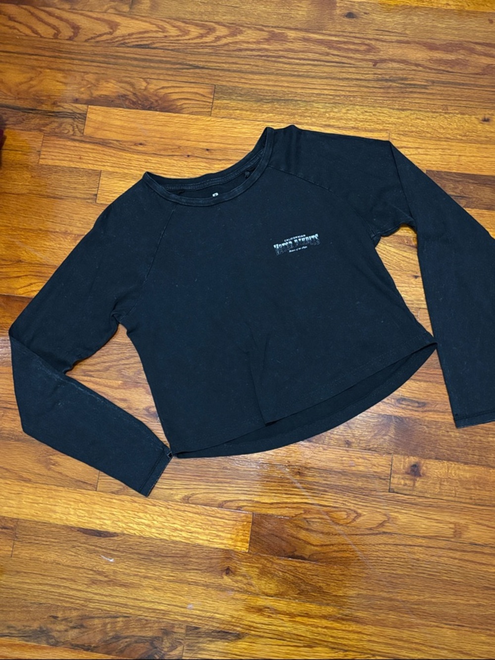 Black Cropped Distressed Long Sleeve Graphic Top
